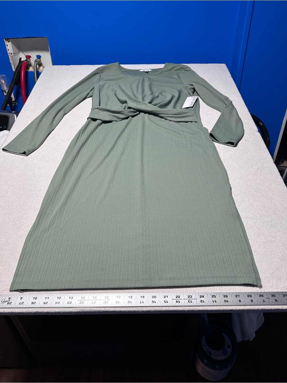 Nine West Sage Green Long Sleeve Twist-Front Knit Dress